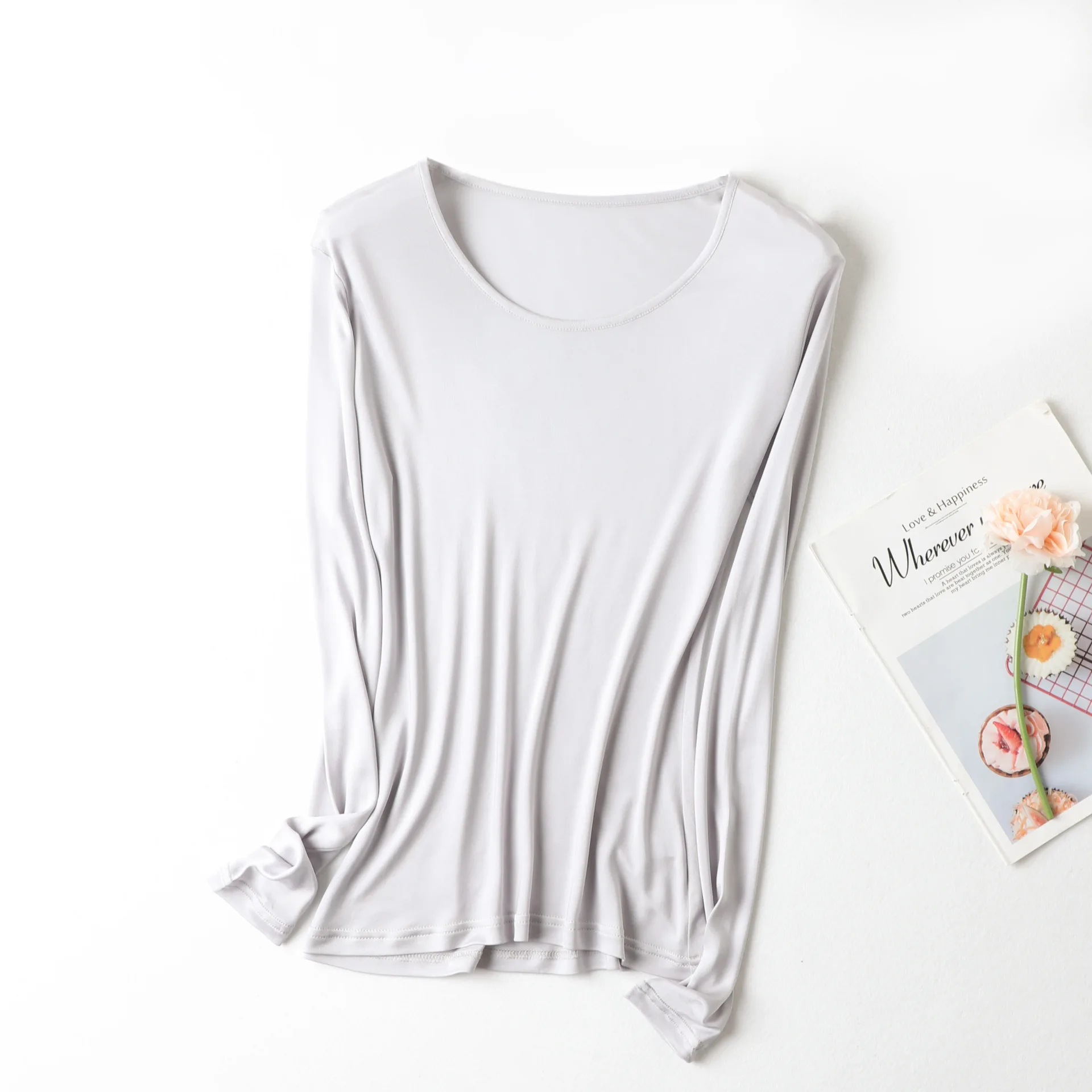 Birdtree Women Basic Thermal Tees Real Mulberry Silk T shirts Solid Long sleeve O Neck Healthy Top Autumn Winter Wine P36076QC