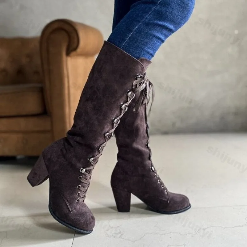 Autumn Women Long Boots 2025 Shoes Fashion Vintage Lace-up Boots Women Round Cowboy High Heels Booties Shoes Woman Botas Mujer
