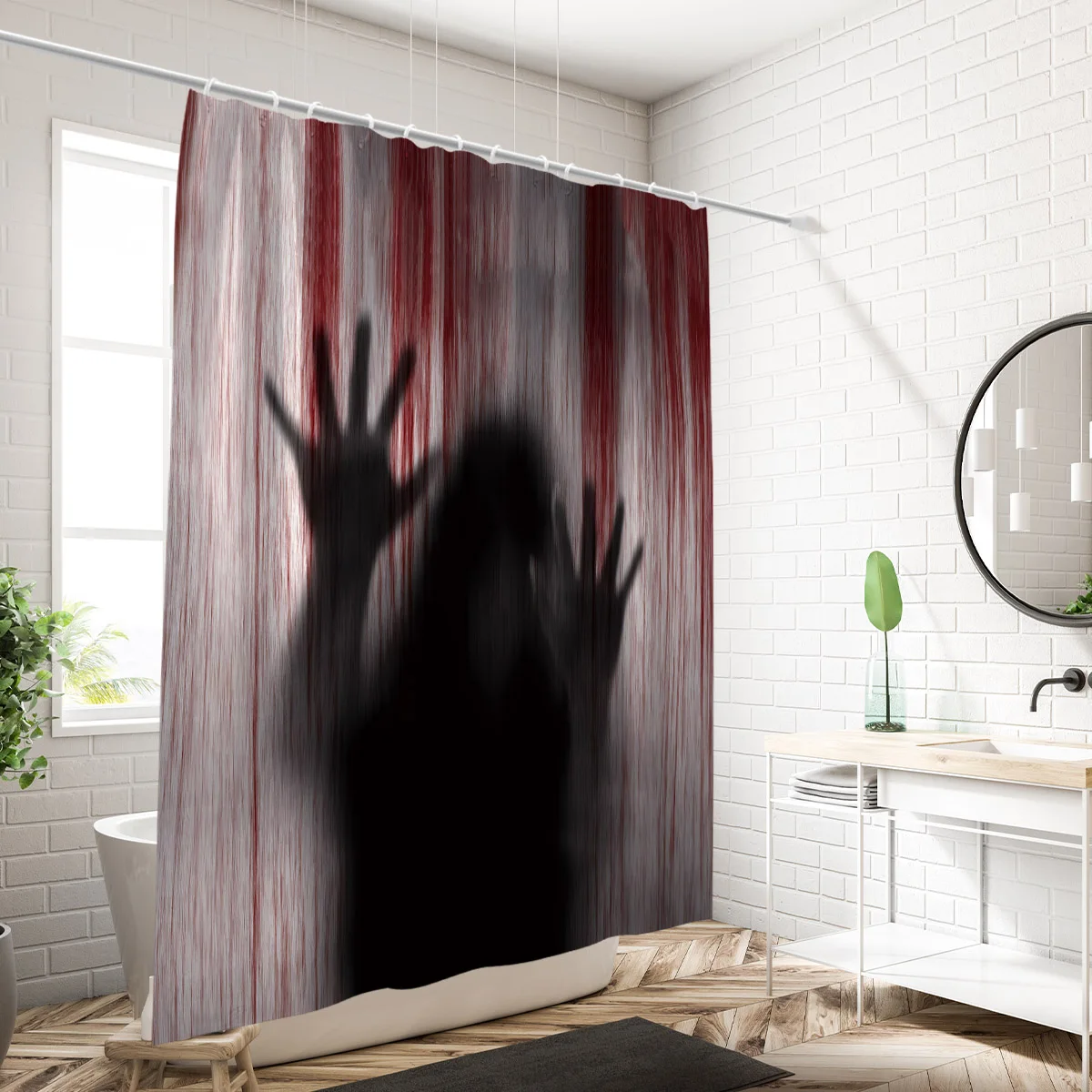 Halloween Shower Curtain Spooky Female Blood Ghost ,Shadow Bloody Handprint Haunted House Shower Curtain for Bathroom Decoration