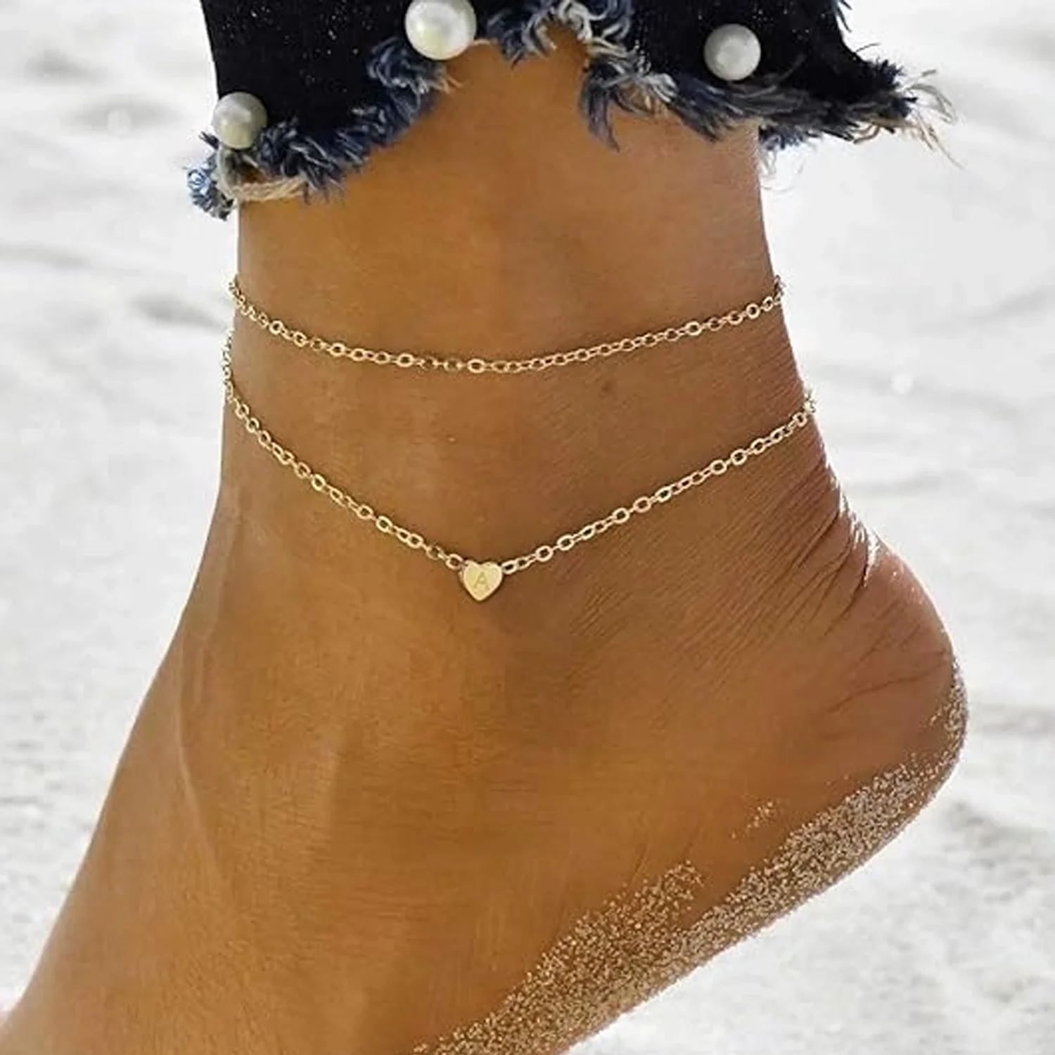 

Custom Initial Heart Anklet Double Layer Gold Chain Personalized Letter Bracelet Sexy Glamour Style Women Summer Jewelry Gifts