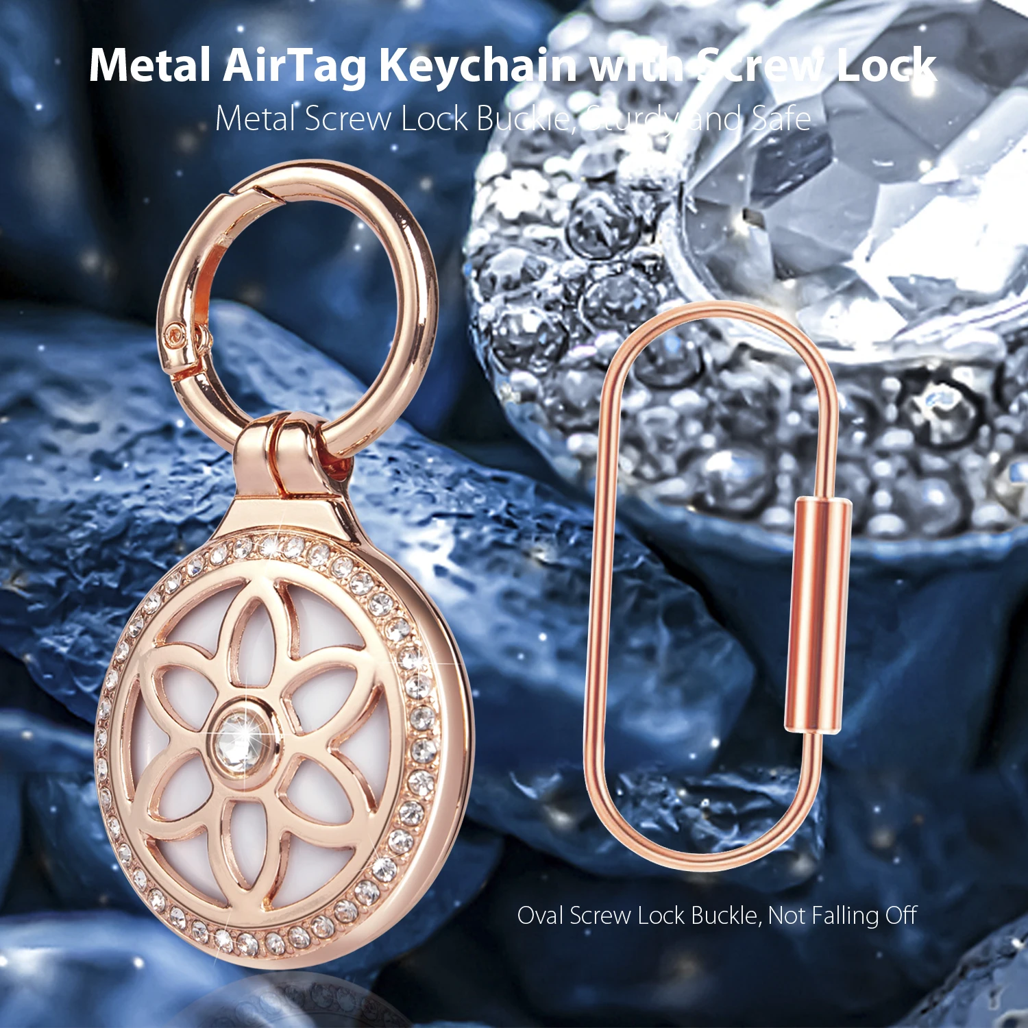 Rose Gold Metal AirTag Holder with Screw Lock, Airtag Keychain Case Inlaid Rhinestone, Fashion Diamonds Shine AirTag Holder.