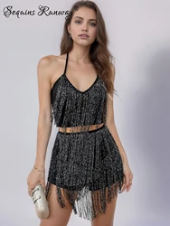 Sexy black tassel sequin bodysuit summer jumpsuit women clothing halter bodycon jumpsuit romper body party club outfit overalls