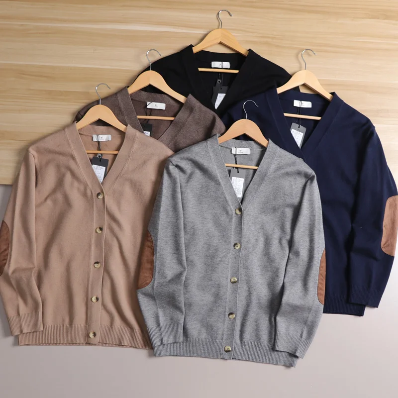 

Men's Casual Knitted Sweater Coat Suede Patch Color Blo V-ne Autumn Winter Faion Urban Long Sve Pure Color Knitwear