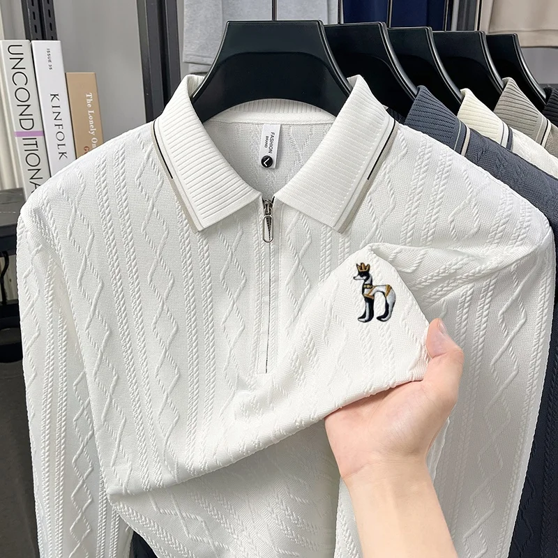 Hochwertiges Herren-Poloshirt mit Stickerei-Print, einfarbig, Jacquard, langärmelig, halber Reißverschluss, Kragen-T-Shirt, lässige Mode für Herren. – Detail 7