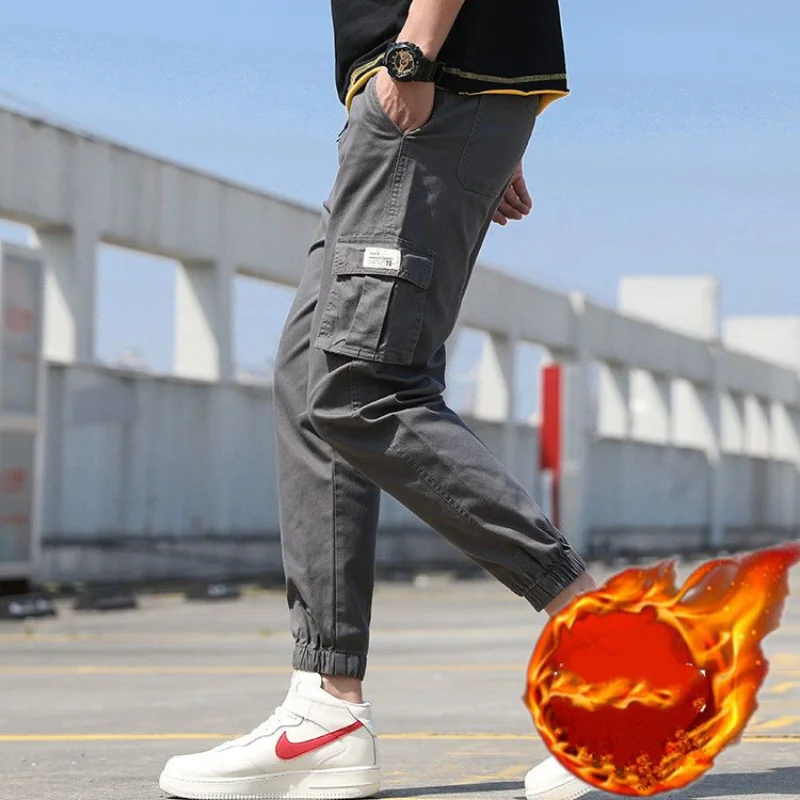 2023 New Men's Clothing Trousers Cargo Mid Waist Drawstring Slim Spring Autumn Casual All-match Solid Color Pockets Pants