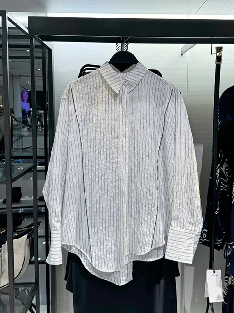 

Autumn New Women's Stripe Loose Long Sve Asymmetric Hem irt Stand Collar Versatile Faion Ladies' irt 9479266