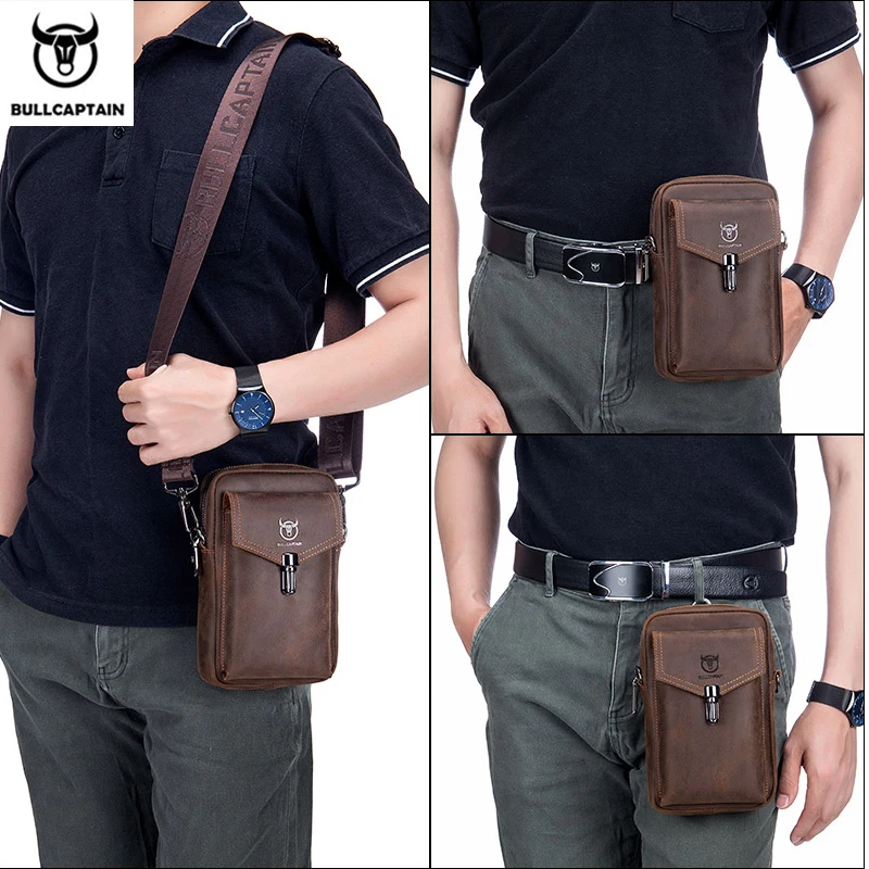 BULLCAPTAIN Crazy Horse Leather Men\'s Waist Bags Multifunctional 7-inch Mobile Phone Bag Bag Male Shoulder Messenger Bages Brown