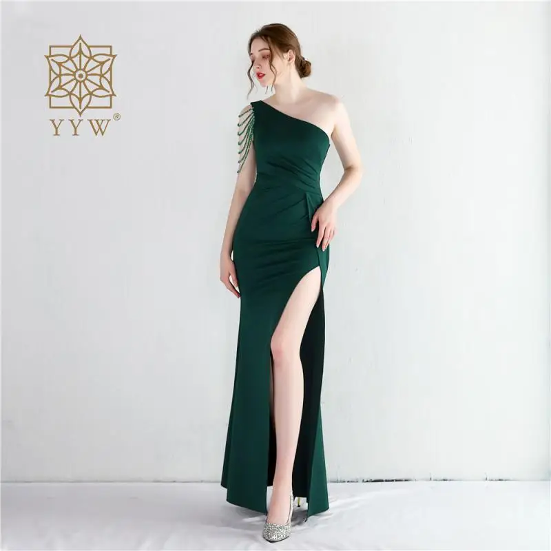 2022 Mermaid Long Evening Dress High Slit Vestido De Noche Vintage Beading Evening Dresses Asymmetric Sleeves Green Party Gown