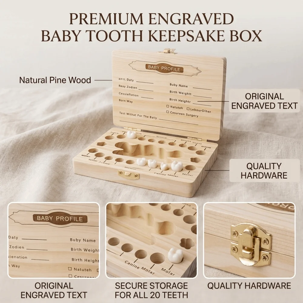 Wooden Baby Teeth Keepsake Box Smooth Wood Material Well-Structured Infant Milk Teeth Storage Box Compact Dedicated Compartments