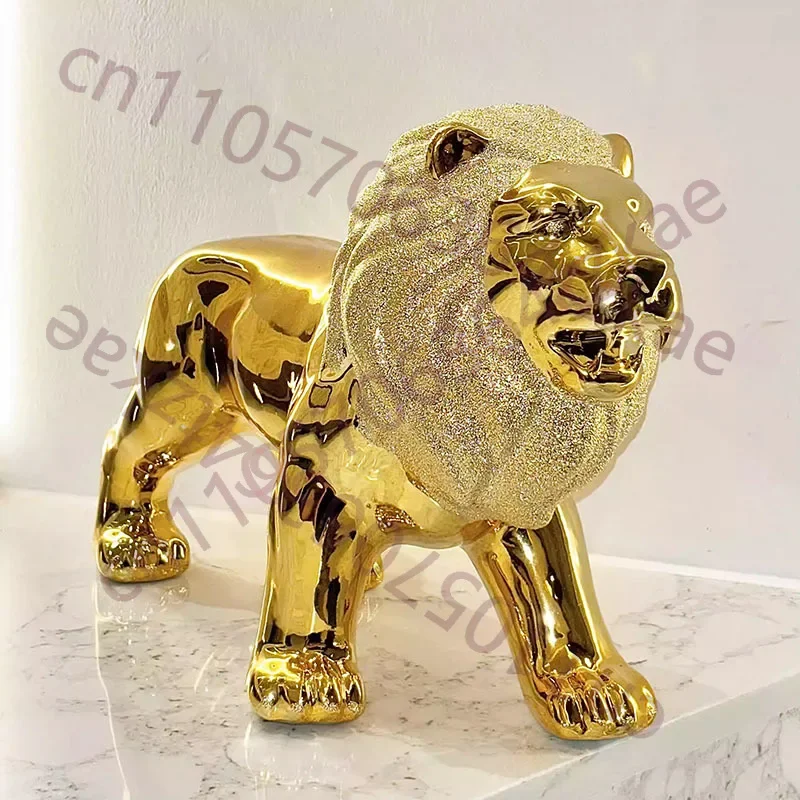 Gold Animal Decor Lion Ceramics Decor Statue Home Decor Creative Simulation Statue Ornament 35cm