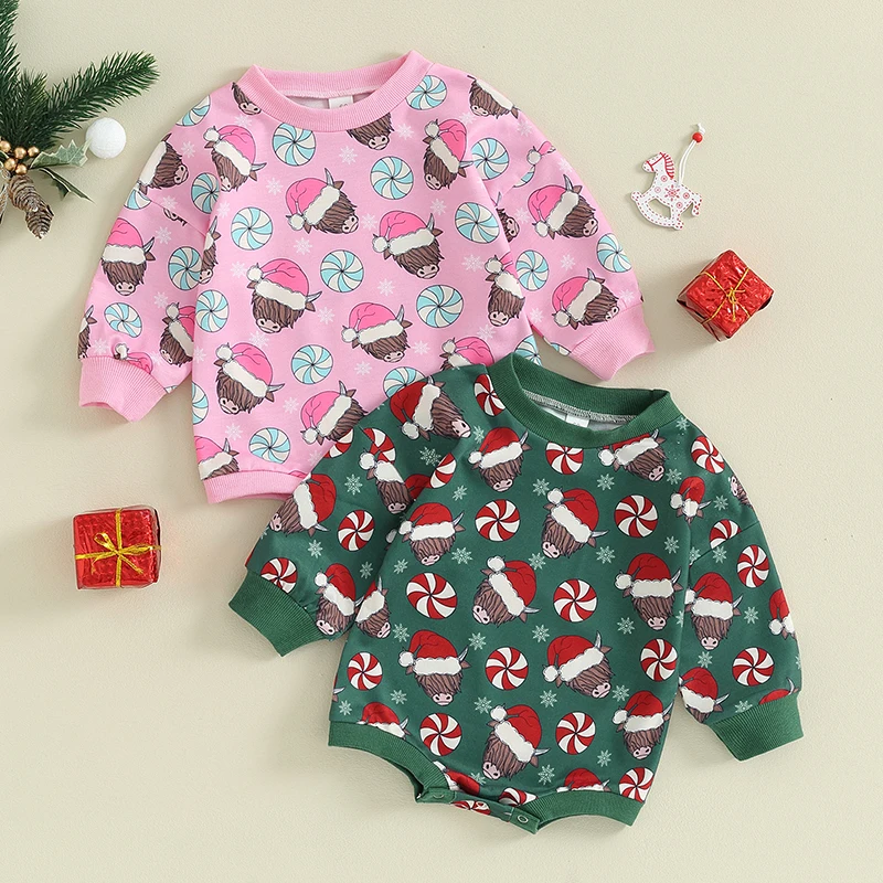 

2023-09-28 Lioraitiin 0-18M Newborn Baby Sweatshirt Rompers Christmas Western Cow Head Print Long Sleeve Jumpsuit Infant Clothes