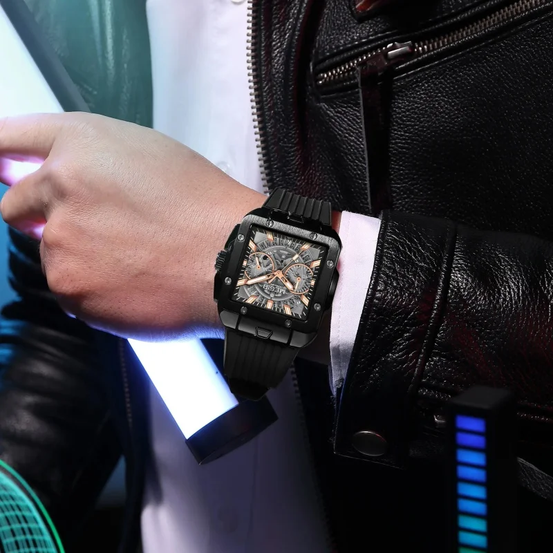 Reloj MEGIR 2228 de cuarzo a la moda para hombre, esfera cuadrada, correa de silicona, cronógrafo multifunción resistente al agua, relojes deportivos luminosos para hombre