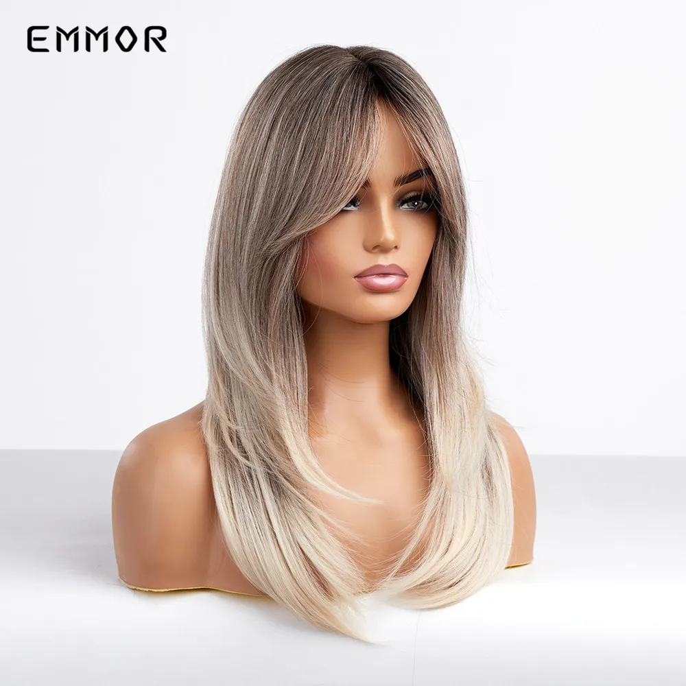 Emmor Synthetic Ombre Black to Light Blonde Wig With Bangs Hair Wigs CosplayNatural Heat Resistant Wigs for Women Daily Hair Wig