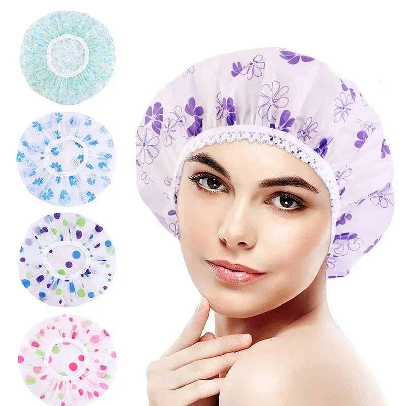 Reusable Elastic Shower Cap Fashion Waterproof Polka Dot Shower Cap Hat Bath Head Hair Cover For Women Salon Shower BathroomTool