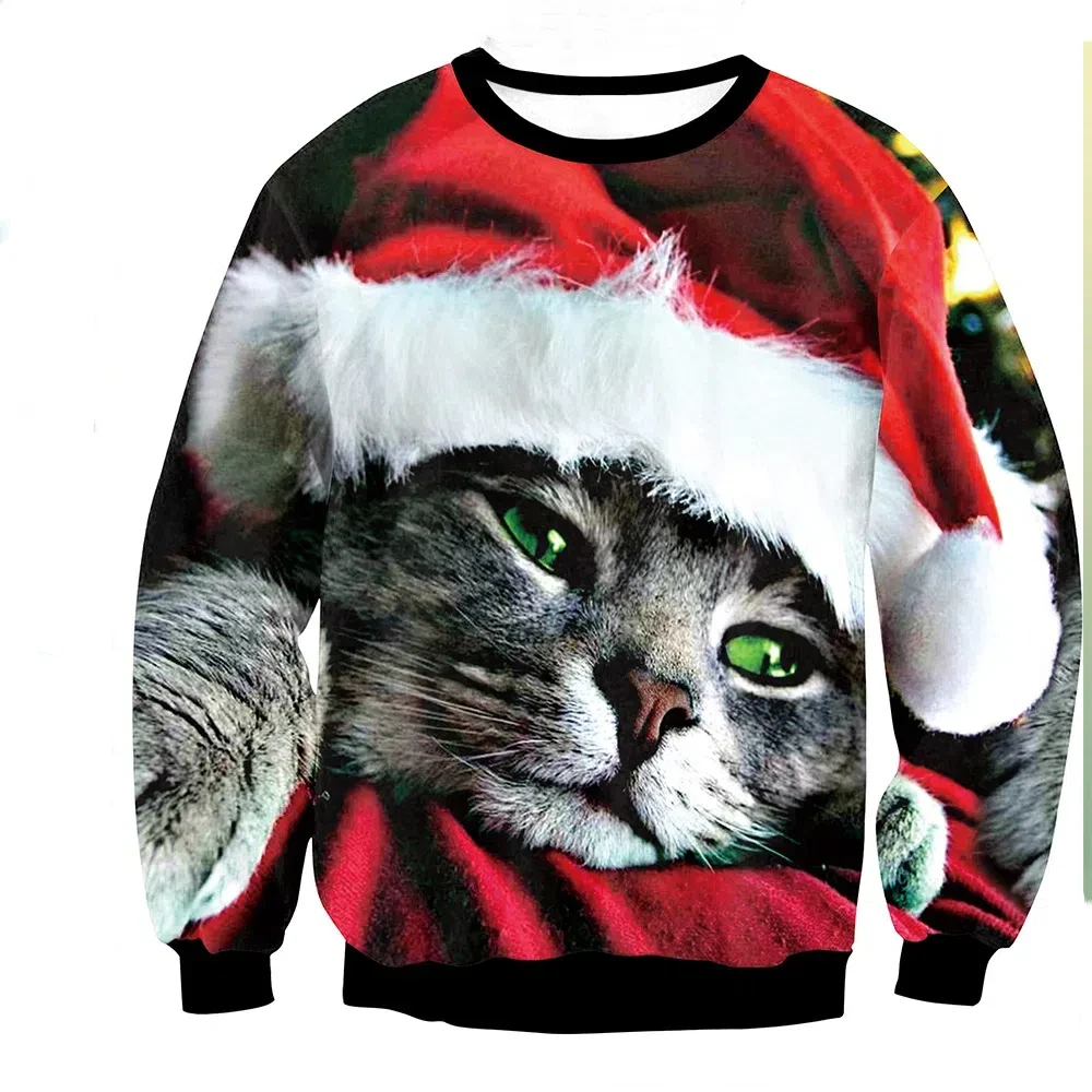 

2024 Spring Christmas Cross-border Women's Animal Kitten Pattern Printed Round Neck Sweater Couple Outfit Spot