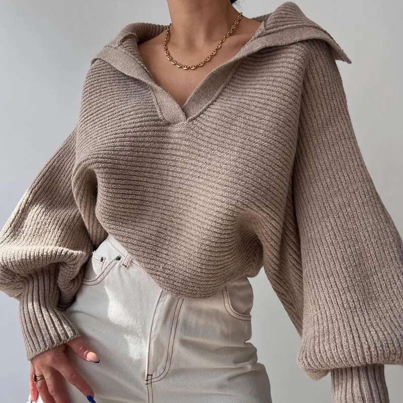Women Big Lapel Half Zip V Neck Knit Sweaters Lantern Sleeve Autumn Winter Solid Color Loose American Retro Cropped Pullovers 6