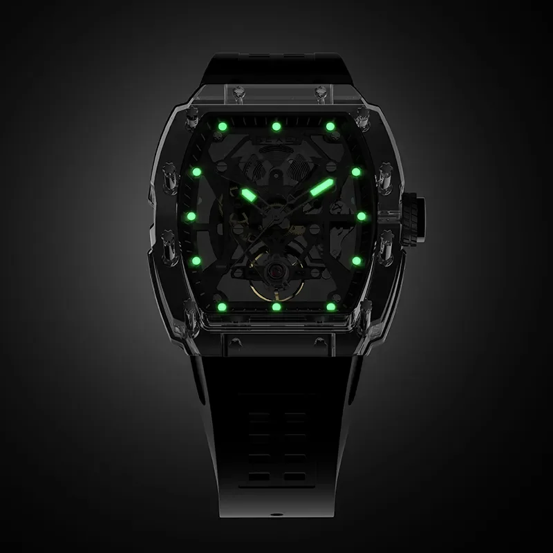 Bexei relógio mecânico automático masculino, relógio vintage com movimento esqueleto de vento automático tr90, caixa transparente, luminoso 9130