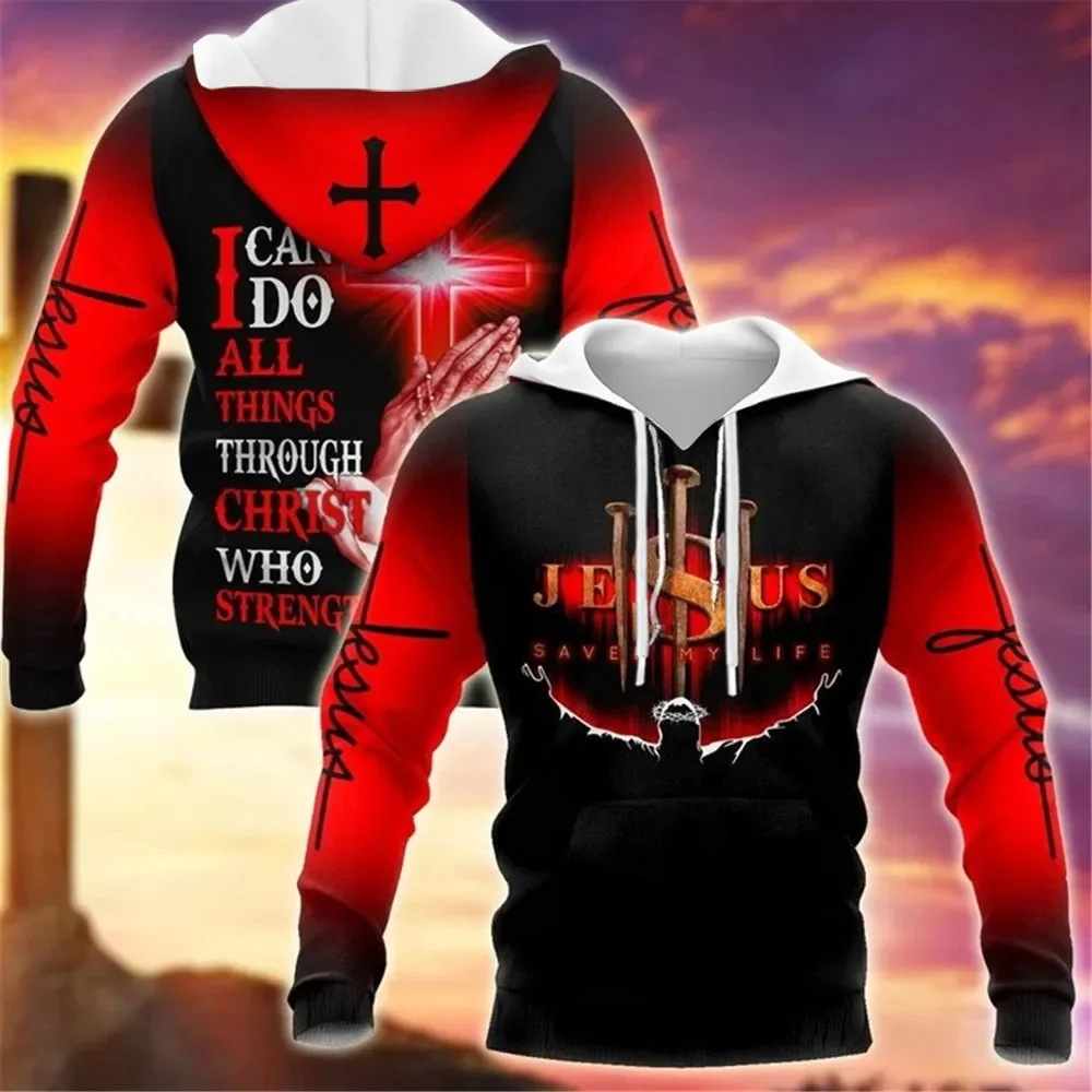 HX Fashion Men Hoodies Jesus Save My Life I Can Do All Things Printed Hoodie 3D Graphic Sweatshirt Casual Sportswear