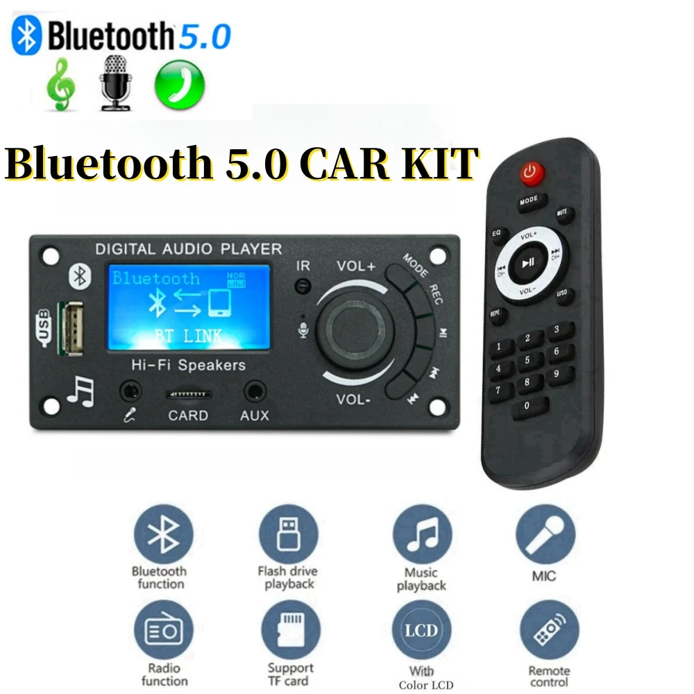 DC 12V Bluetooth 5.0 LCD MP3 WMA WAV Decoder Board Handsfree Car Audio Microphone Recording USB TF FM Mp3 Music Player Speaker