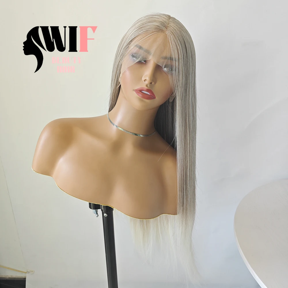 WIF Platinum Highlight Blonde Synthetic Wig Natural Hairline Heat Fiber Ombre Hair Lace Front Wigs Daily Cosplay Use Silk Hair