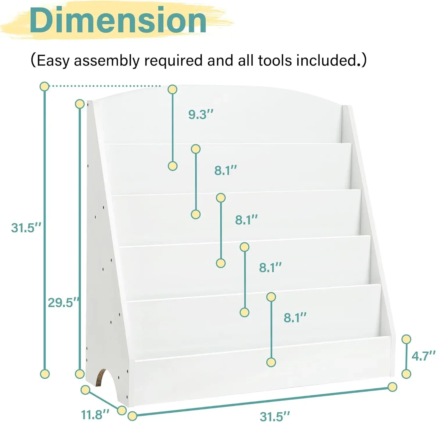 5-Tier Kids Bookshelf - Toddler Book Display Shelves for Classrooms, Playrooms, and Nursery - Wooden Children Book Rack (White)