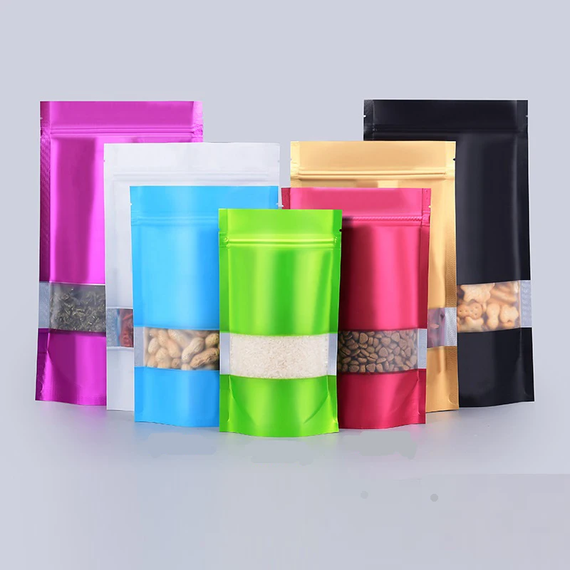 

plastic Aluminum Foil bag Color Stand Up Package Bag With Frosting Window Food Reusable zip lock poly Pouches for Snack Tea