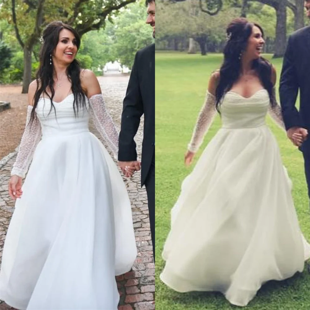 

Customized White Tulle Wedding Dress Simple Strapless Detachable Sleeve Long Sleeves Bridal Gowns Chapel Train Backless Dress