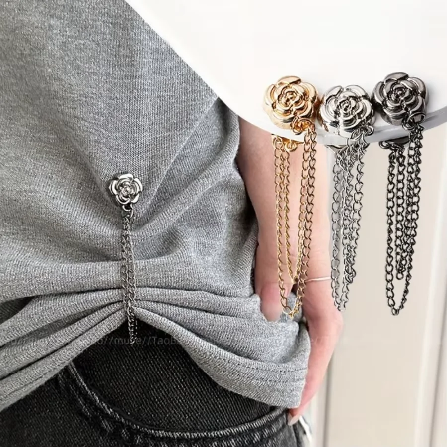 3Pcs Camellia Pattern T-shirt Buttons Set, Adjustable Clothes Clips, Hem Fastener Decorative Metal Buckles for Sewing Lovers