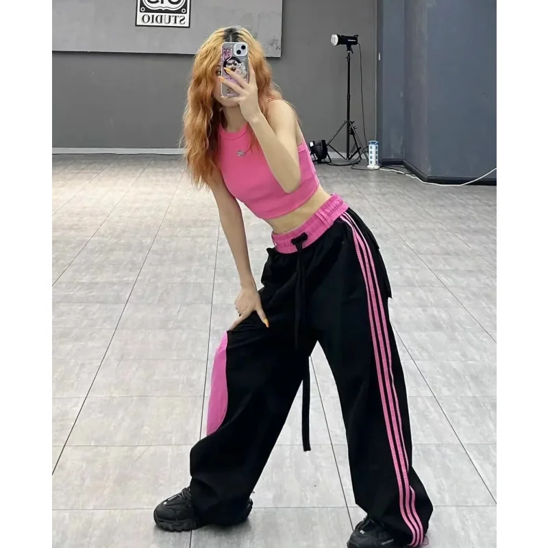 Women Black Cargo Pants Streetwear High Waist Wide Leg Pants Contrasting Colors Vintage Female 2024 NEW Autumn Straight Trousers