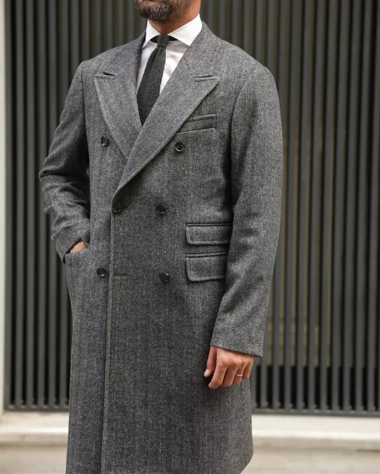 Casual Herringbone Wool Blend Long Overcoat Peaked Lapel Double Breasted Jacket Vintage Autumn Winter Gentleman Customized