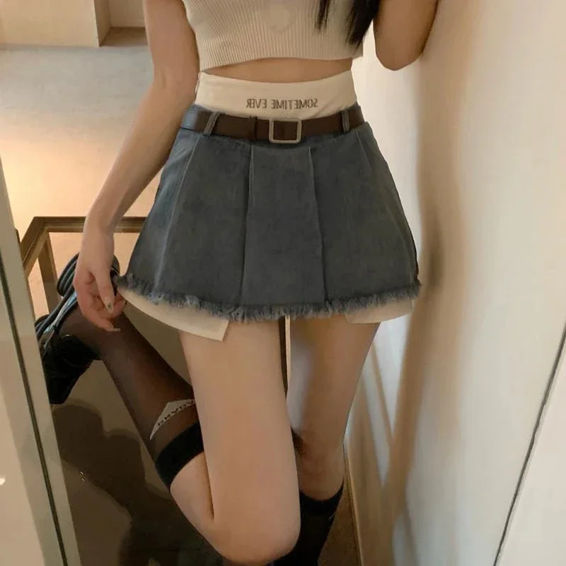 Y2K Patchwork Denim Mini Skirt Women Streetwear High Waist Tassel Pleated Jeans Skirts Harajuku Korean Fashion A Line Skirt New