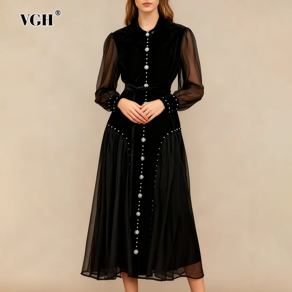 ชุดเดรสออกงานปักเลื่อมลายปะติด VGH ดีไซน์หรูหราสำหรับผู้หญิง คอทรงโอ แขนยาว ผ้าตาข่ายโปร่งแบบต่อชิ้น ความยาวปานกลาง เสื้อผ้าสตรี