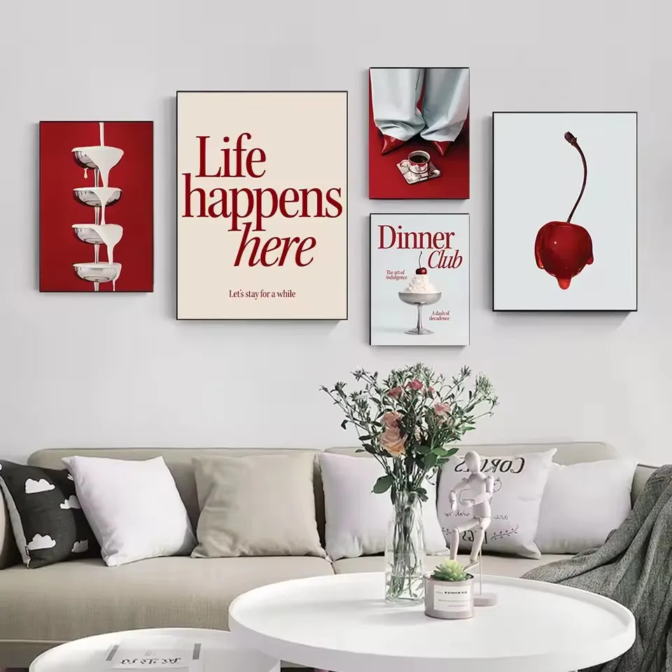 Red High Heels Cherry Goblet Painting Wall Art Quotes Posters and Prints Red Quotes Painting Modern Living Room Wall Decor