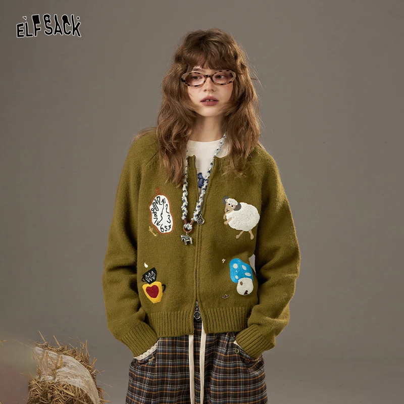 

ELFSACK 2025, осенние новые поступления, повседневный свитер с несколькими мультяшными тематическими украшениями, серебряный свитер на молнии, кардиган для женщин