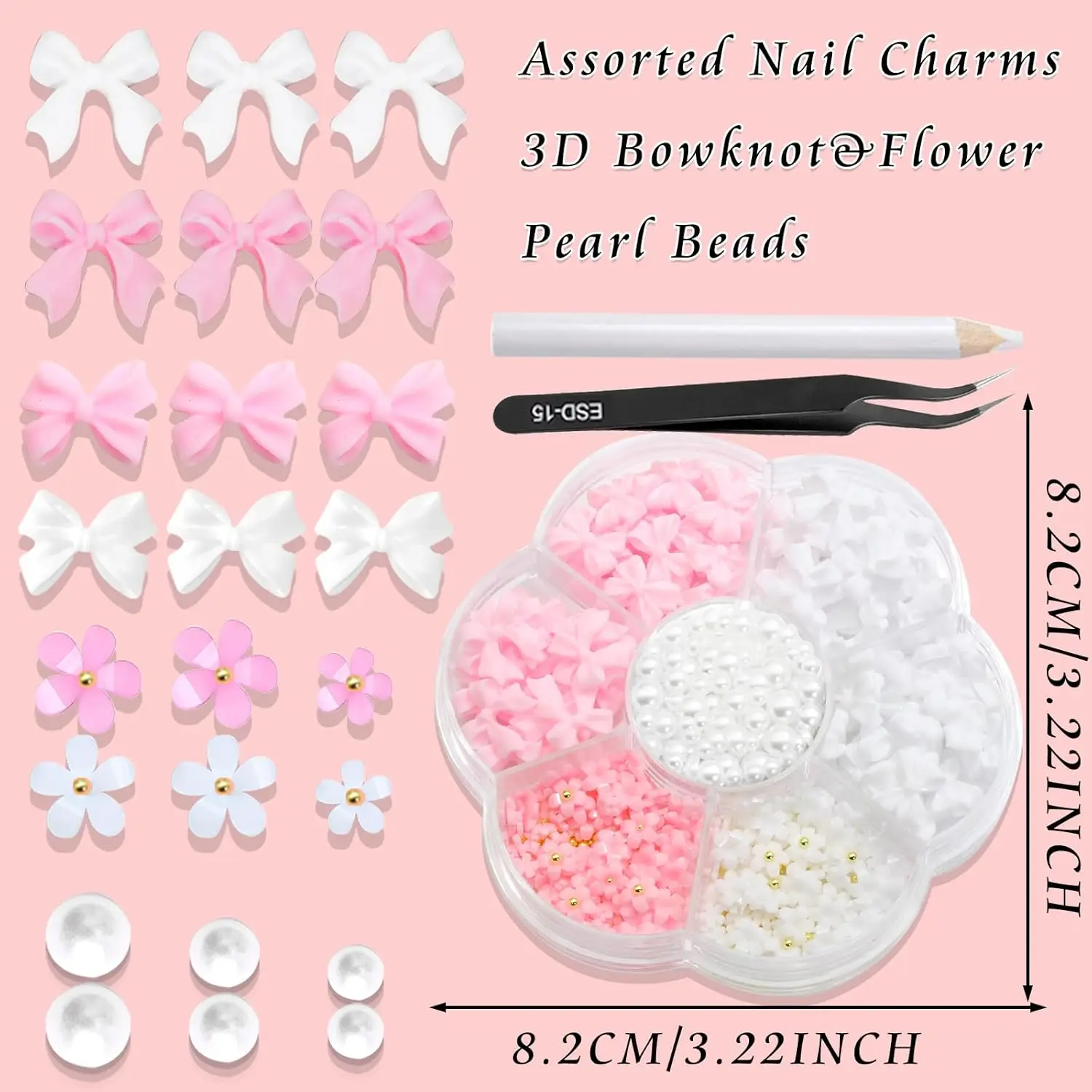 1 صندوق الوردي الأبيض القوس خمسة بتلات الزهور مسمار السحر الراتنج الاكريليك البتلة + حبات الذهب اللؤلؤ مسمار اكسسوارات مختلط مانيكير ديكور