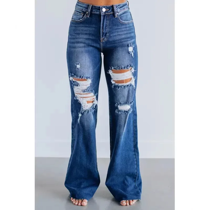Denim Pant Women Jeans Hole Long Pants Slim Fit High Waist Straight Trousers Y2k Streetwear Elegant Splice Work Casual 2026