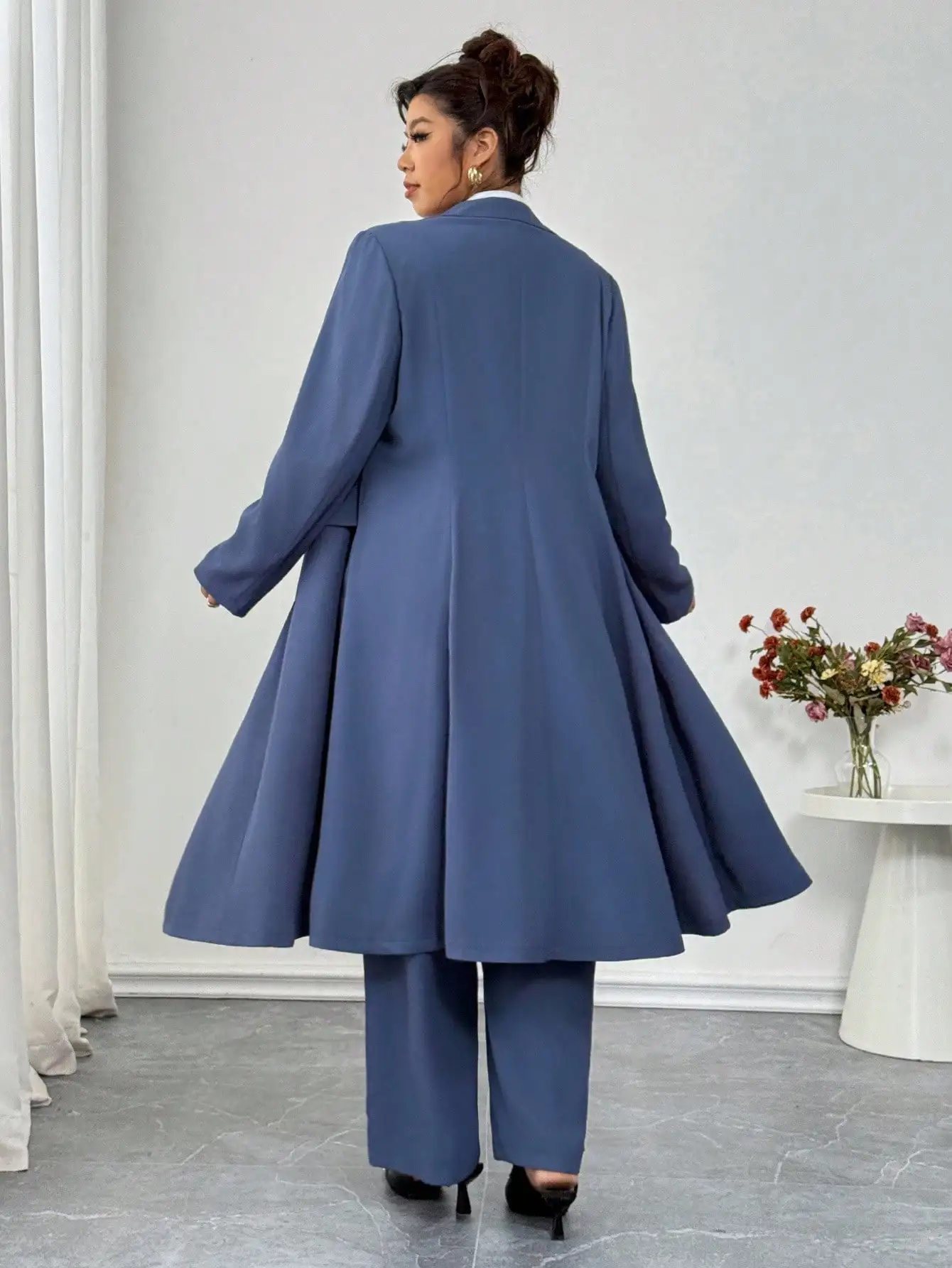 

Костюм Elenzga: удлиненный блейзер и брюки больших размеров, однобортный, с отложным воротником, настоящие карманы, расклешенный низ, для работы, вечеринок, свиданий