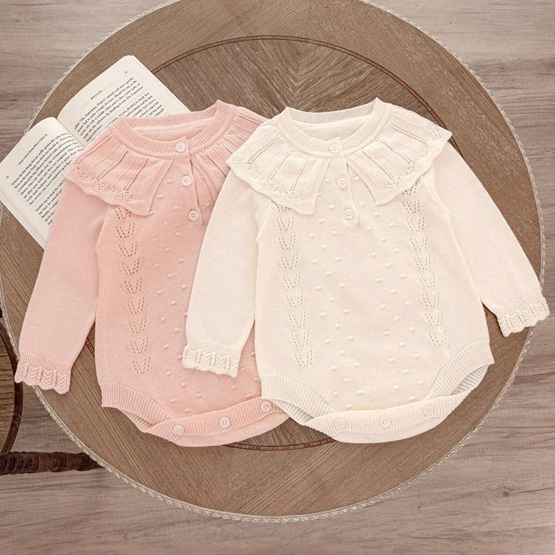 

Toddler Knit Jumpsuit Princess Lace Romper Infant Baby Girl Romper Knit Ruffle Newborn Hollow Out Pink Princess Spring Clothing