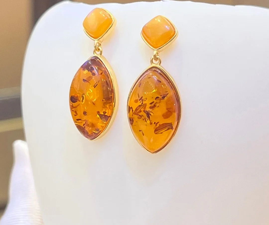 Certificated 925 Silver Natural Baltic Amber Earring Real Honey Yellow Amber Flower Piebald Amber Ear Stud Marquise Gems Jewelry