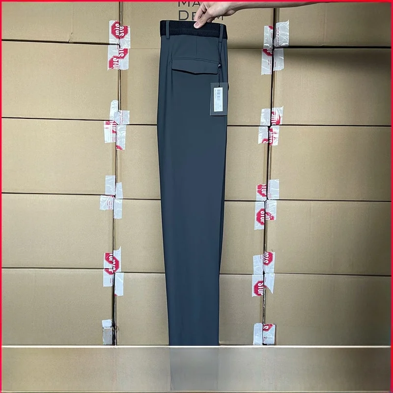 

High-End Men's Busin Casual Slim Fit Long Pants Summer Thin Elastic Slas Smooth Drapey Sle Low Waist Cool Feeling