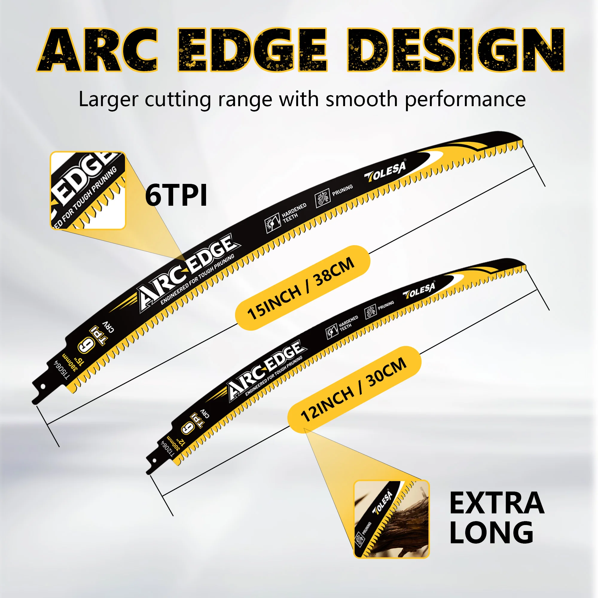 TOLESA 4PC Japanese Teeth Reciprocating Saw Blade 12&15inch 6TPI Arc Edge Wood Pruning Saw Blades for Tree Trimming Wood Cutting