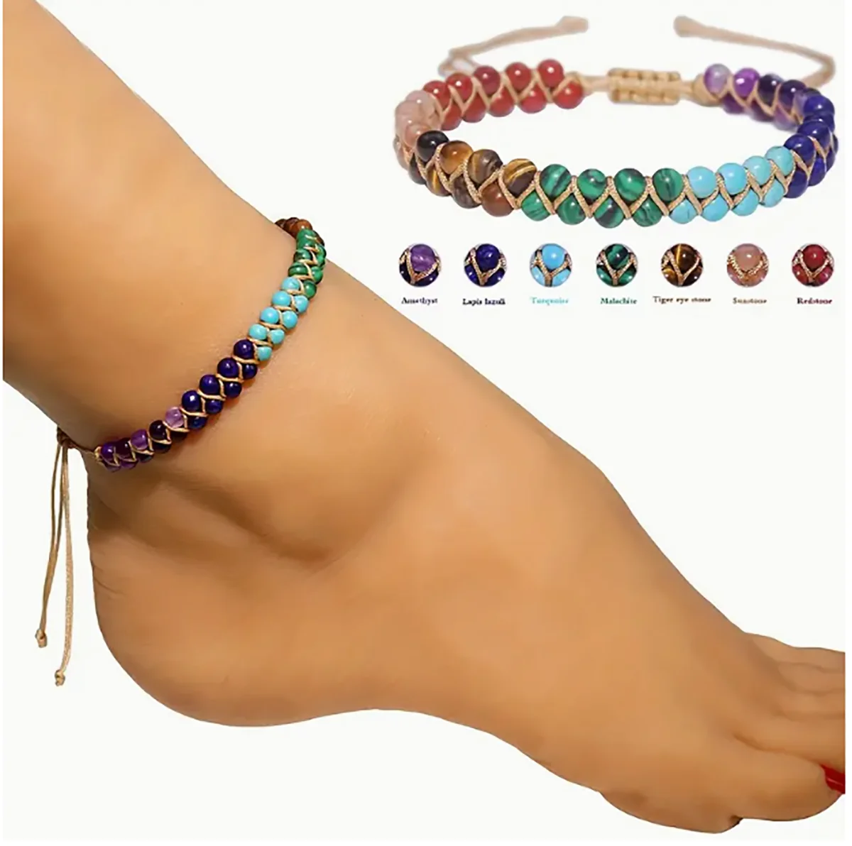 7 Chakras Double-layer Woven Ankle Chain Adjustable Natural Tigers Eye Stone Colorful Bead Ankle Chain Women Boho Foot Ornament