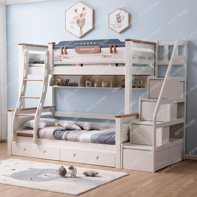 Blue and White Children's Bed Boy Height-Adjustable Bed Small Apartment