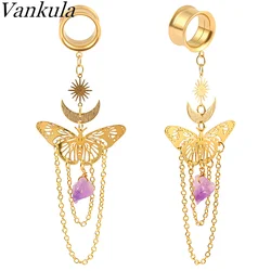 Vankula 2PC New Butterfly-Pendant Stainless Steel Chains Dangle Ear Plugs Tunnels Ear Gauges Stretcher Piercing Body Jewelry