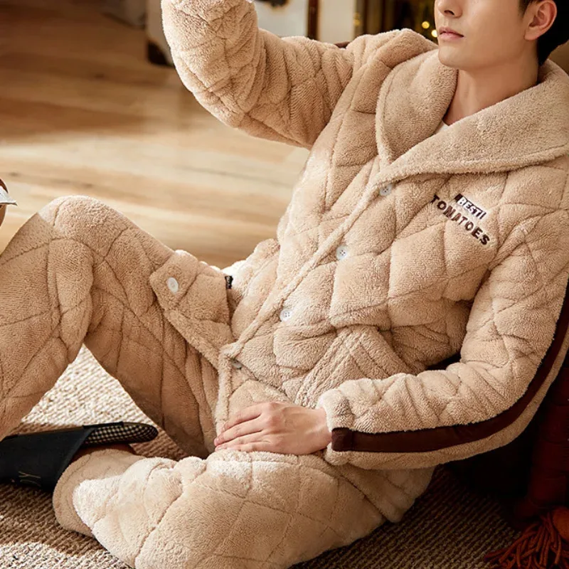 

Winter Coral Fleece Cotton-Padded Pajamas Set Men Sleepwear Thickened Warm Flannel Nightwear Pijamas Suit Loose Casual Homewear