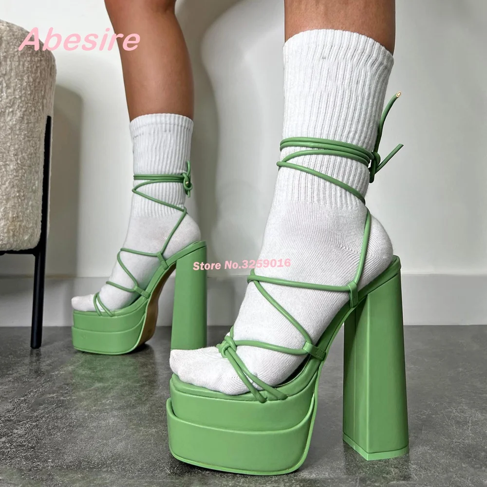 Black Double Platform Sandals Chunky Heels Square Toe Cross Strap Lace Up Summer Sandals for Women 2023 New Solid Twist Shoes