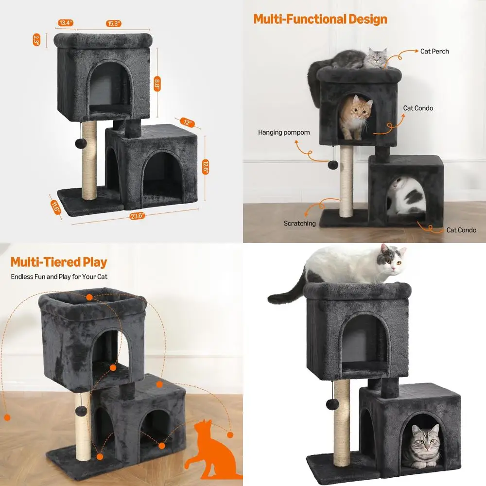 Gray 30 Tall Cat Tower with 2 Plush Beds, Sisal Scratcher, and Pom Pom Toys