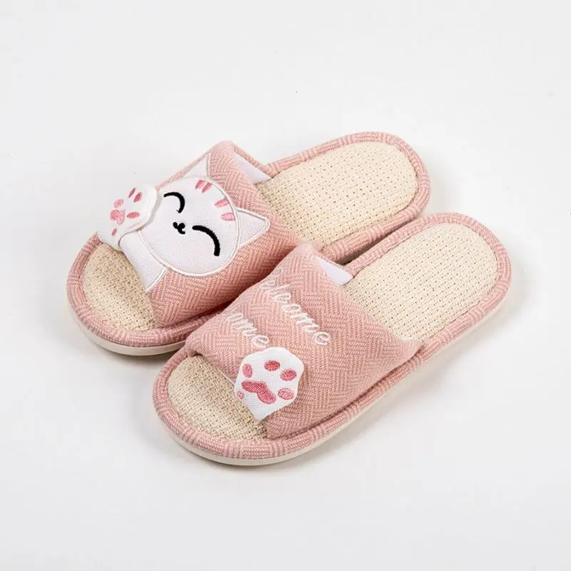 Pantoufles à plateforme chat mignon pour femmes, quatre saisons, sandales optiques en lin, toboggans de dessin animé pour la maison, chaussures