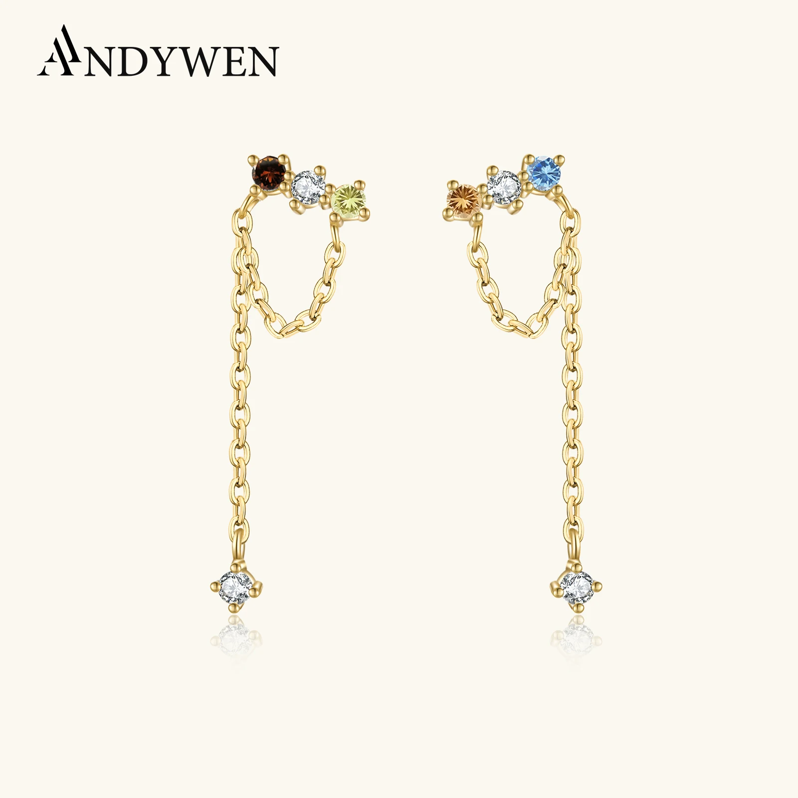 ANDYWEN 925 Sterling Silver Long Chain Four Zircon Stud Earring Mana Gold Piercing Pendiente 2025 Women Luxury Fine Jewelry