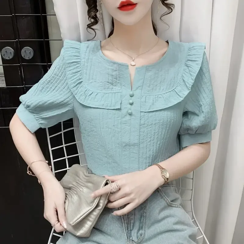 Summer New Casual Fashion Ruffles Solid Simple Shirt Ladies Short Sleeve Loose All-match Pullover Blouse Women Oversized Tops